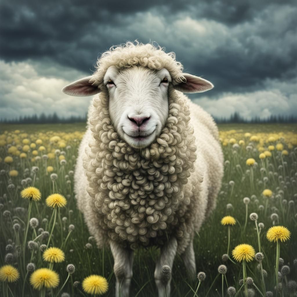 Smiling Sheep in Dandelion Field: Painterly Photo