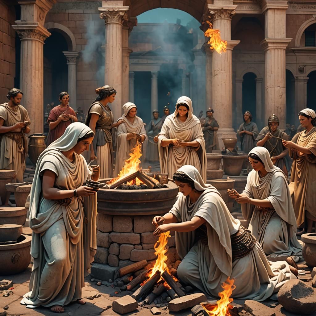 Vestal Virgins Tending Fire: 3D Digital Art