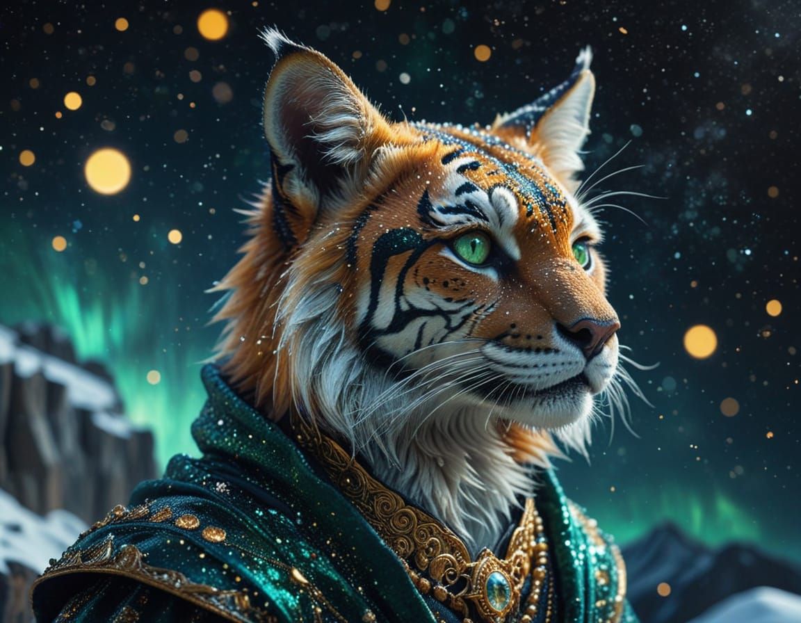 Anthropomorphic Tiger Fox Gazing at Starry Sky
