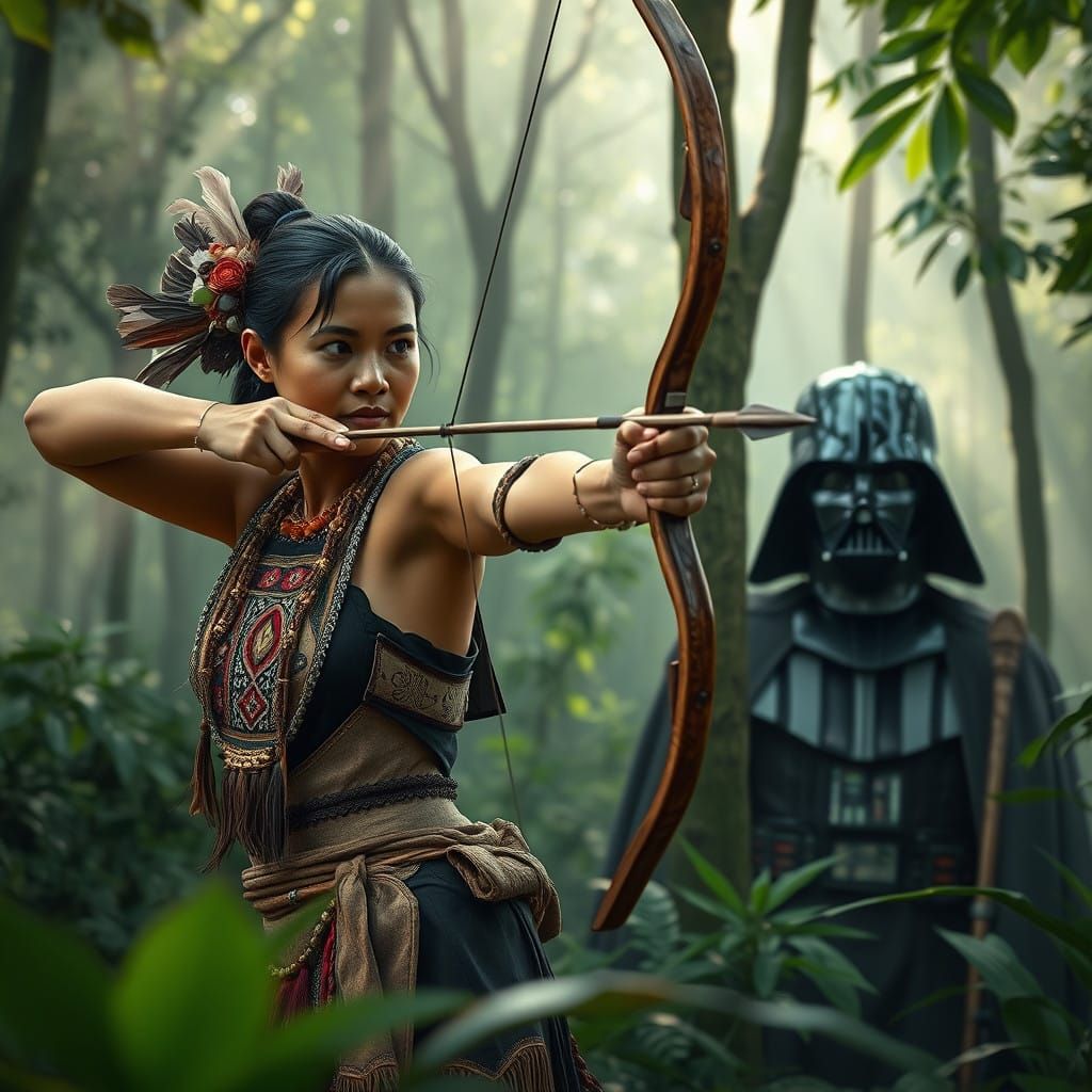 Dayak Woman in Traditional Attire Hunts with Bow and Arrow i...