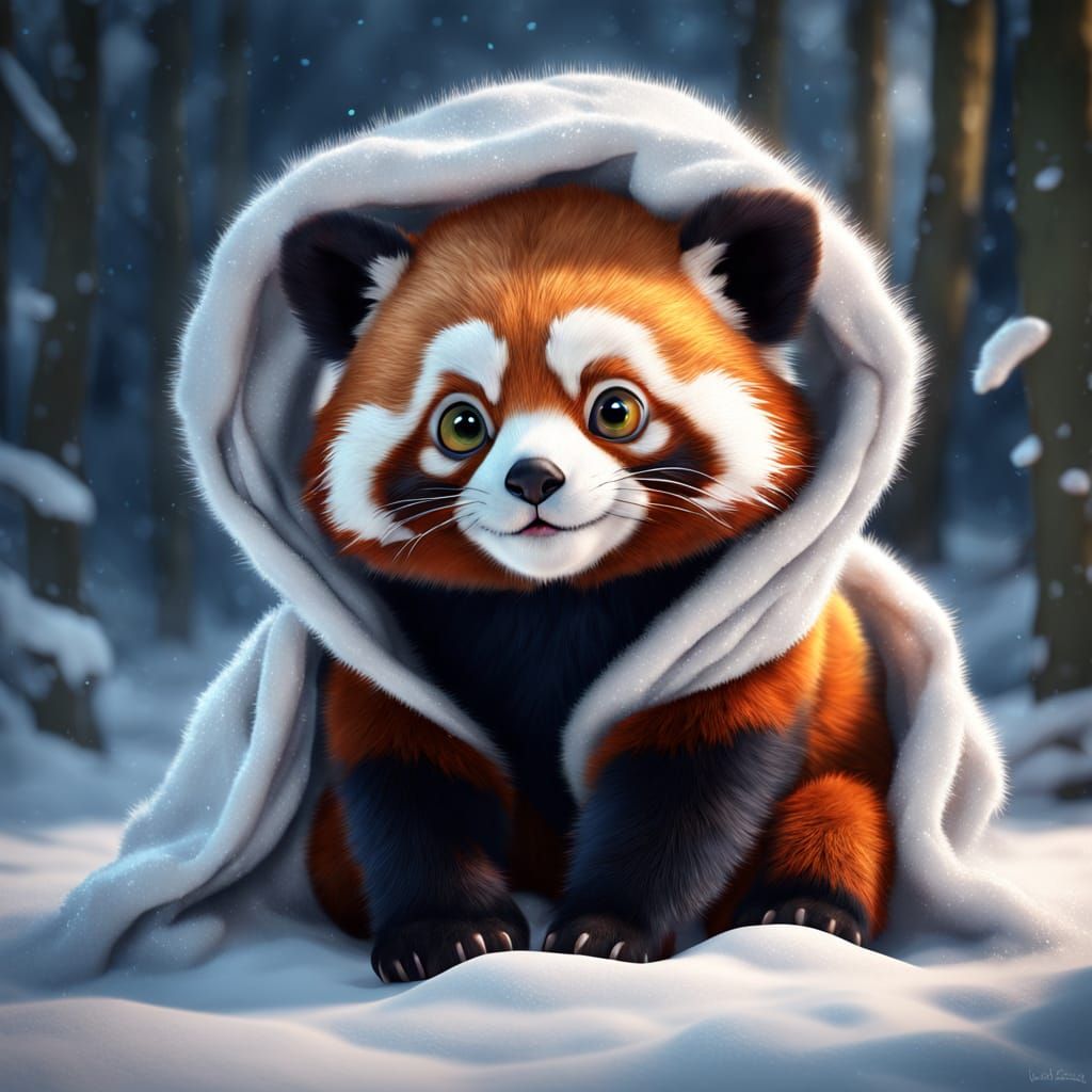 Cute Red Panda Peeking from Fluffy Blanket