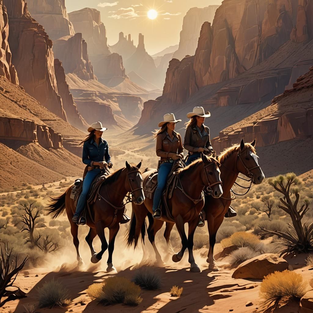 Cowgirls Ride Through Desert Canyon: Digital Art