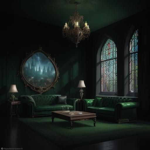 Slytherin themed Gothic living room with Emerald green walls and Emerald green Gothic sofa& Slytherin vibes& gothic arch...