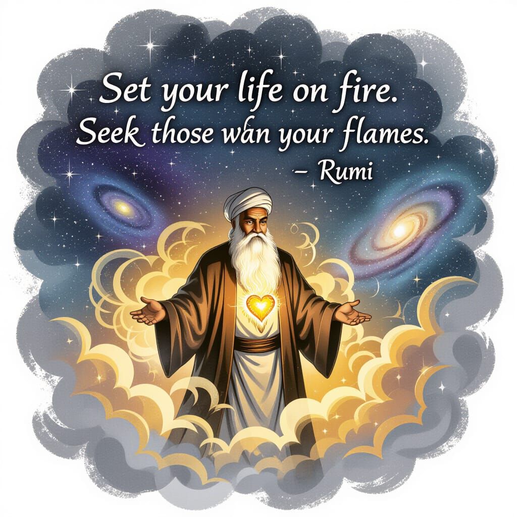 Rumi Emerges from Luminous Cloud in Pencil Drawing