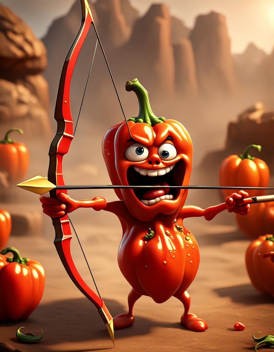 Cartoon Habanero Pepper Shoots Arrow, CGI Art