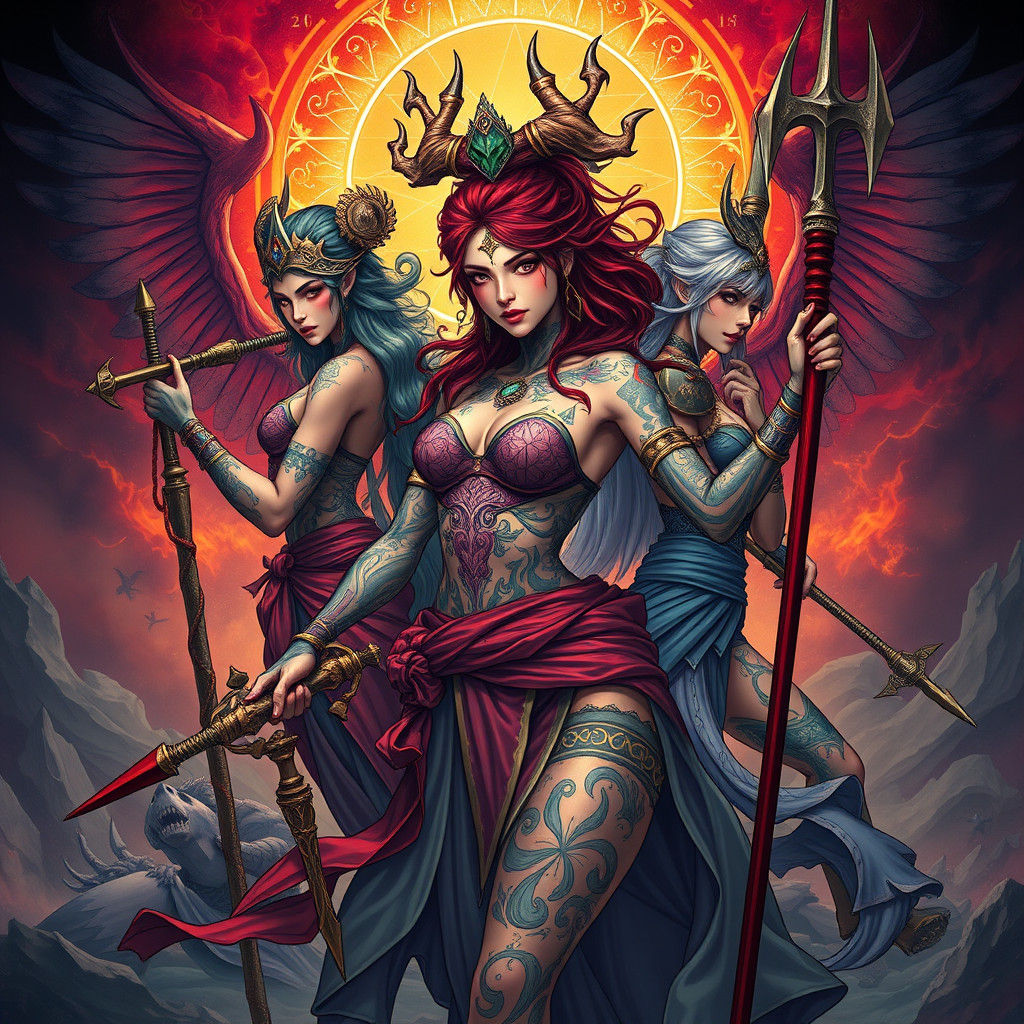 Female Warriors as Tarot Cards in Fantasy Art Style