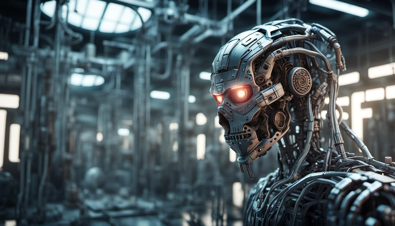 Metallic Robot in Abandoned Lab, Hyper-Realistic Digital Art