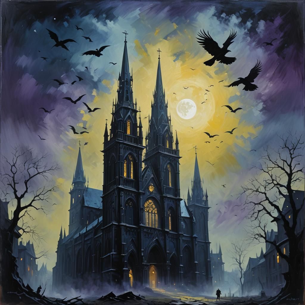 Ominous Cathedral: Gothic Surrealism in Moonlight