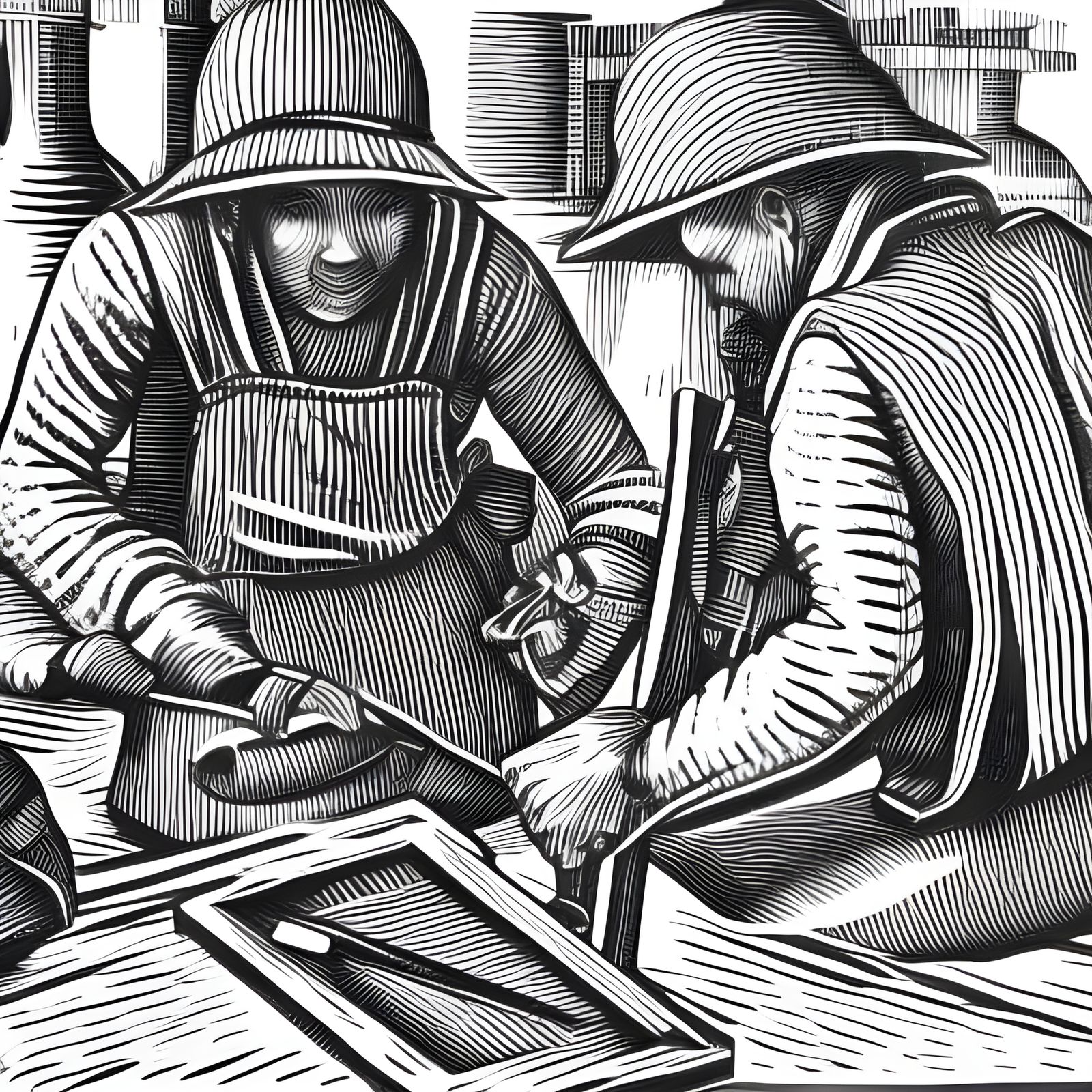 Checkered Workers Forging Metal: Linocut Style