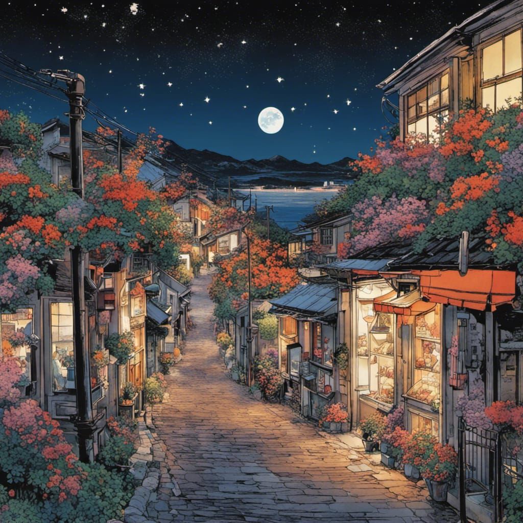 Scottish Seaside Town at Night in Ukiyo-e Style