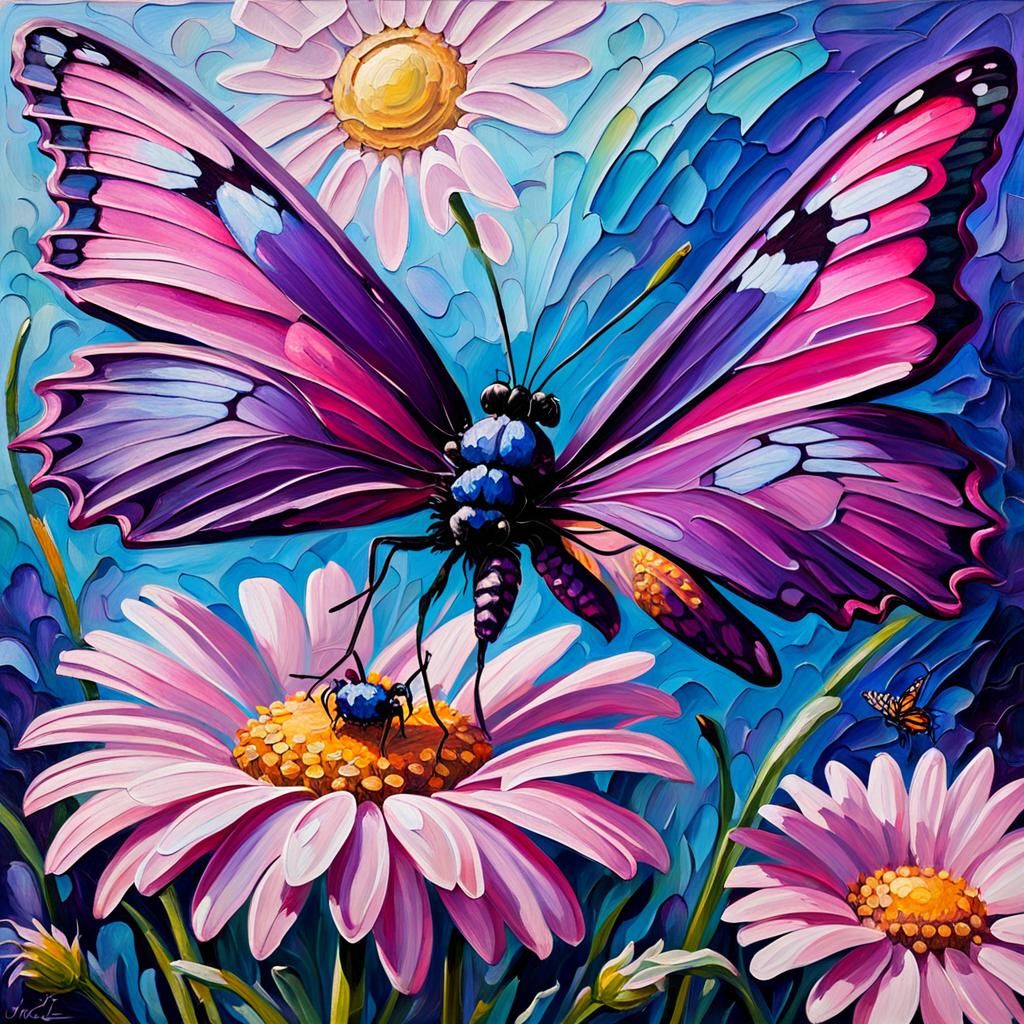 Purple Daisy with Pink Butterfly in Expressionist Style