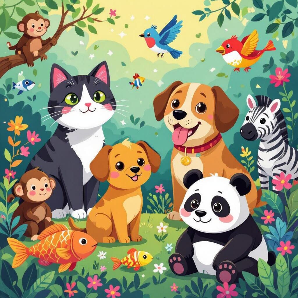 Vibrant Animal Kingdom Illustration in Mixed Styles