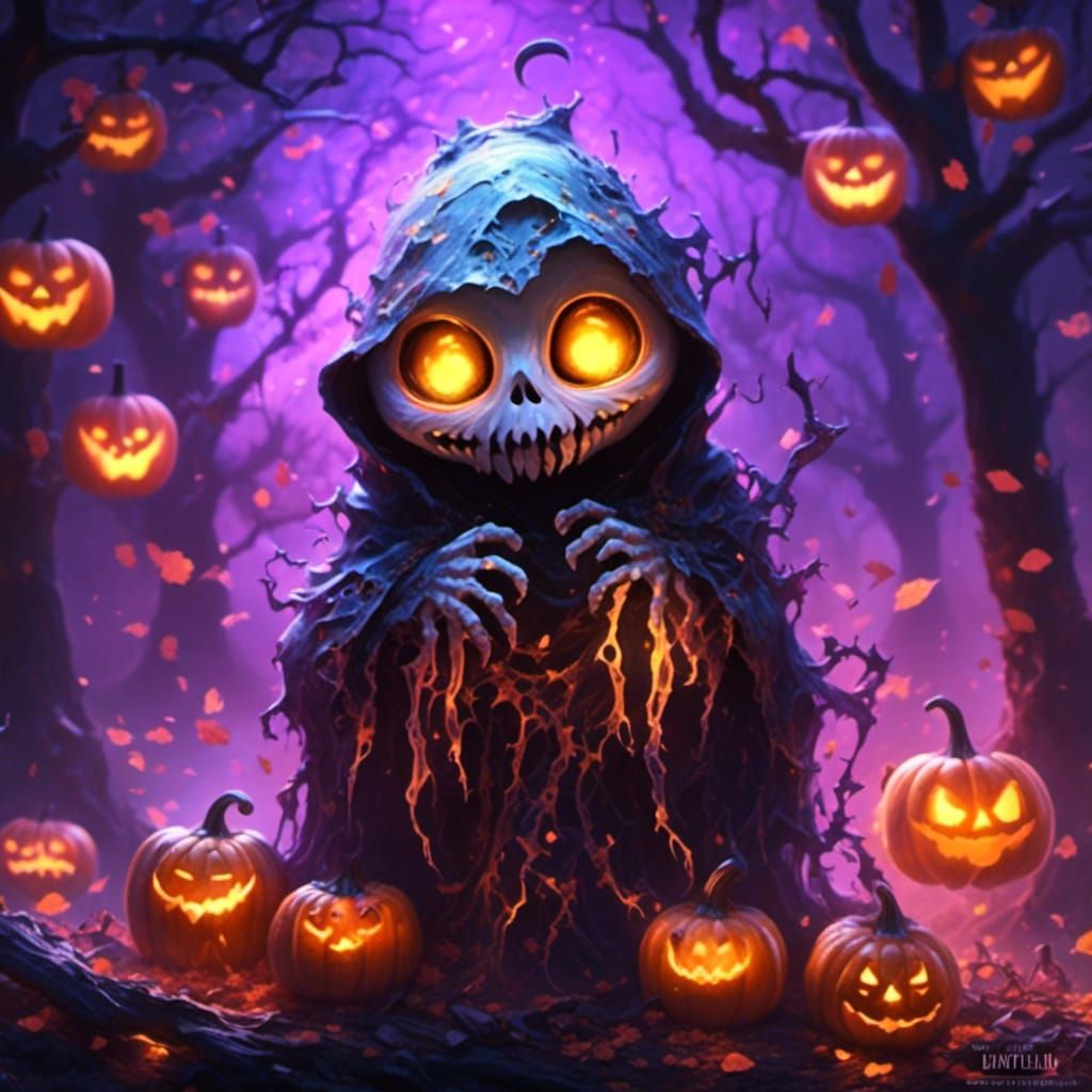 Cute Ghost Portrait in Whimsical Halloween Scene