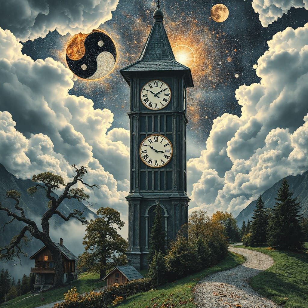 Clock Tower in Cracked Cloudscape, Art Deco Style