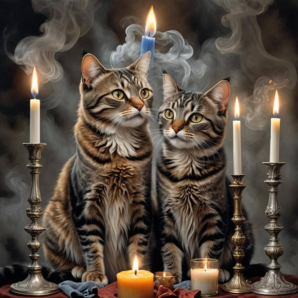 A realistic depiction of a happy couple of two cats, a brown...