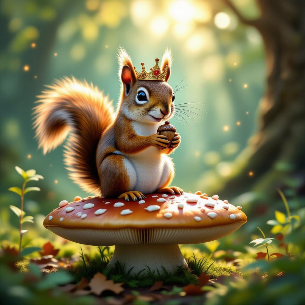 Whimsical Squirrel with Crown on Giant Mushroom