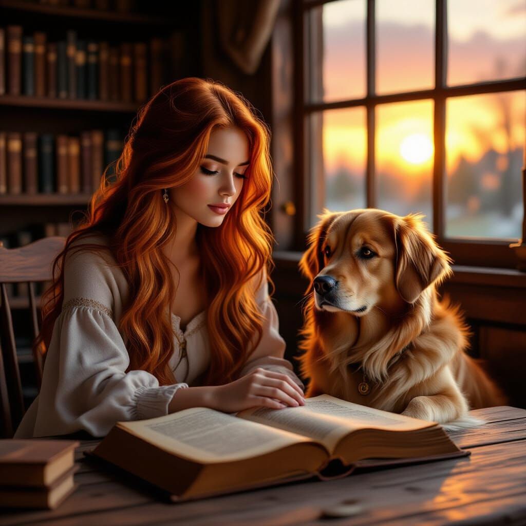 A young woman with long, flowing hair sits at a table, readi...