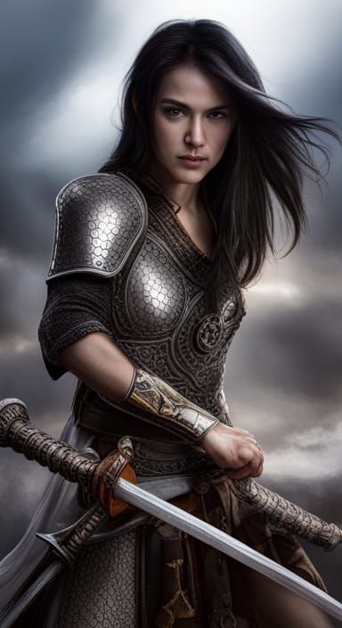 Female Warrior with Sword in Hyperrealistic Style