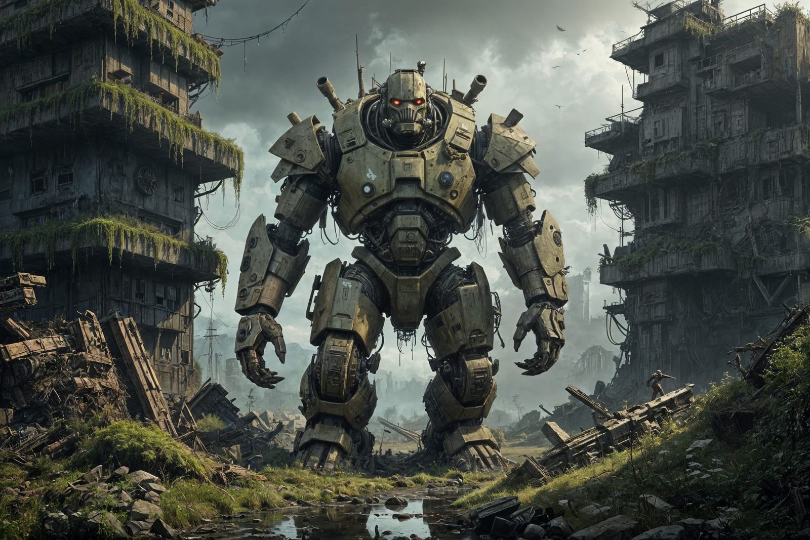 Armored Ogre Guards Giant Mech in Post-Apocalyptic City
