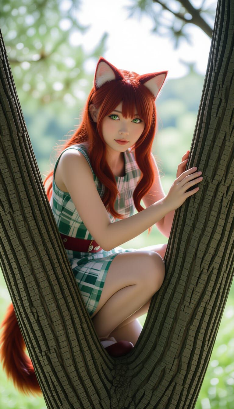 Realistic Japanese Woman with Cat Features Climbing Tree