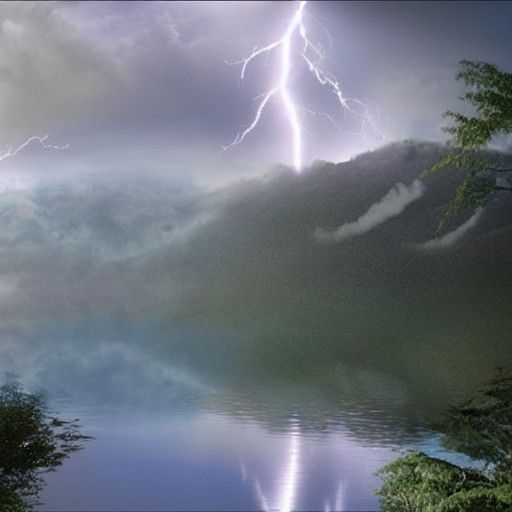 Lightning Strikes Glossy Lake: Detailed Matte Painting