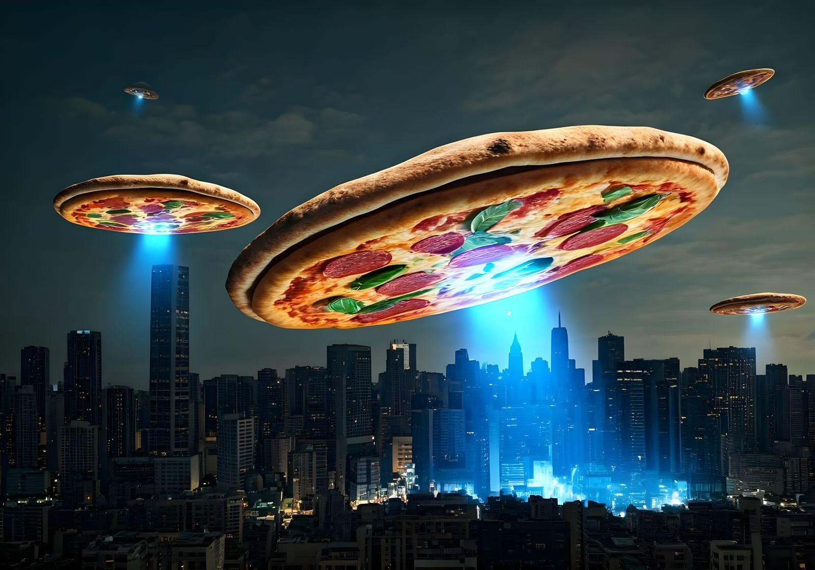 Photo-Realistic Pizza UFOs Arriving in Cityscape