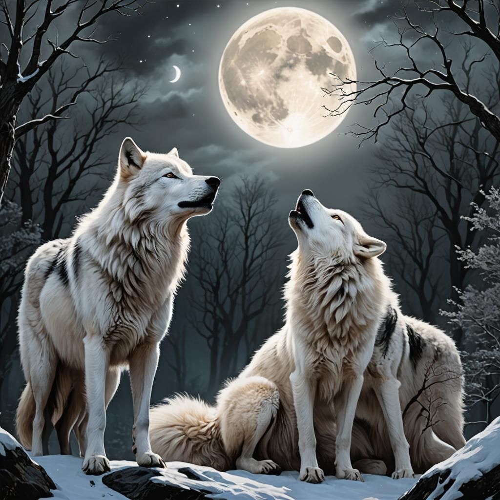 White and Black Wolves Howling at Moon