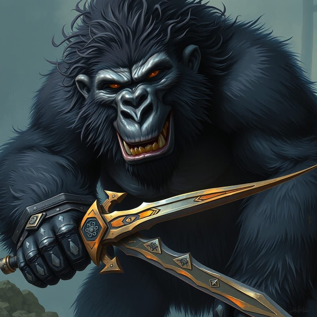 Mystical Gorilla Warrior in Industrial Fantasy Style