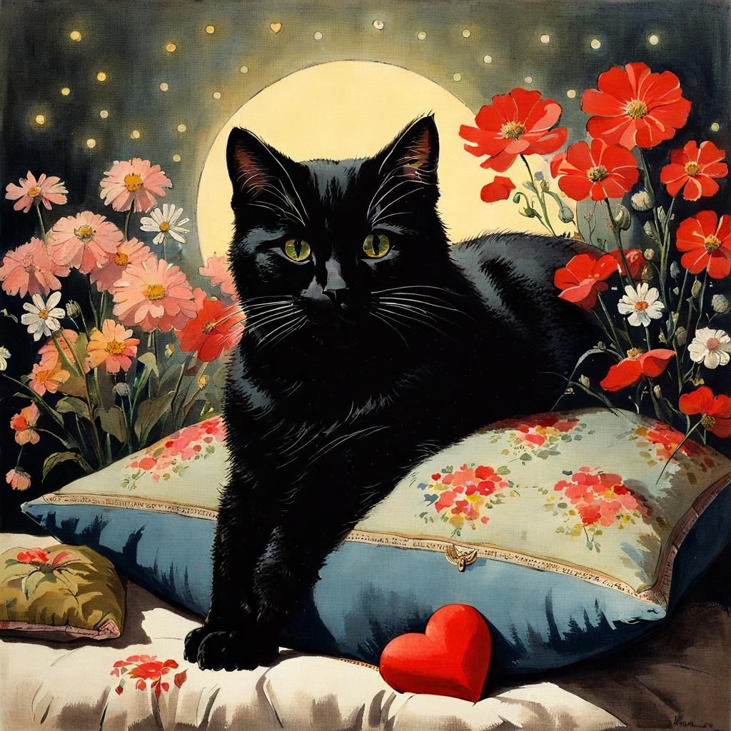 Cat with Flowers in Romantic Style
