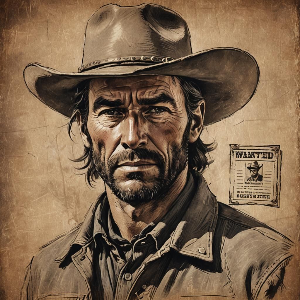 Cowboy Portrait with Wanted Poster in Charcoal Sketch Style