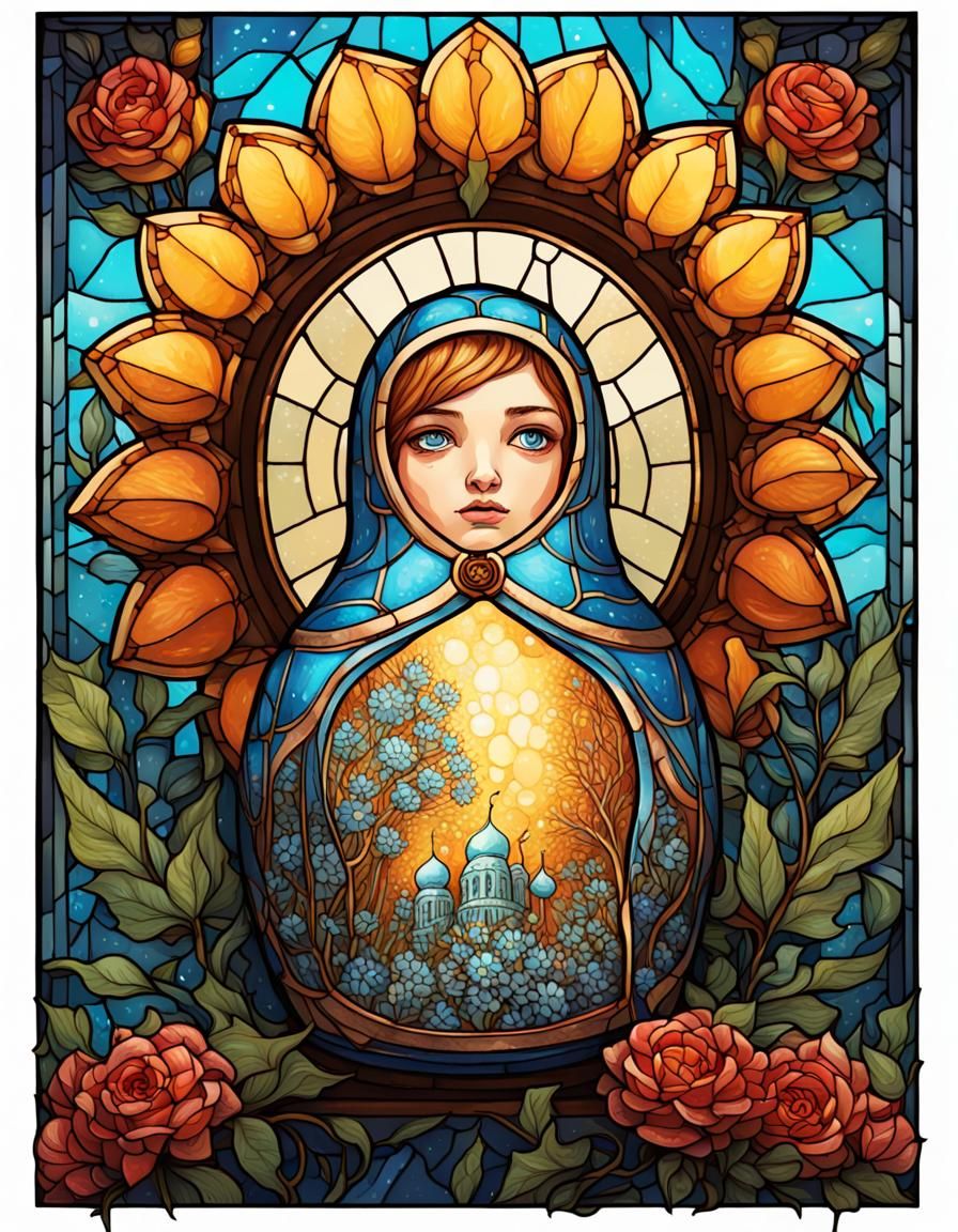 Stained Glass Matryoshka in Winter Scene