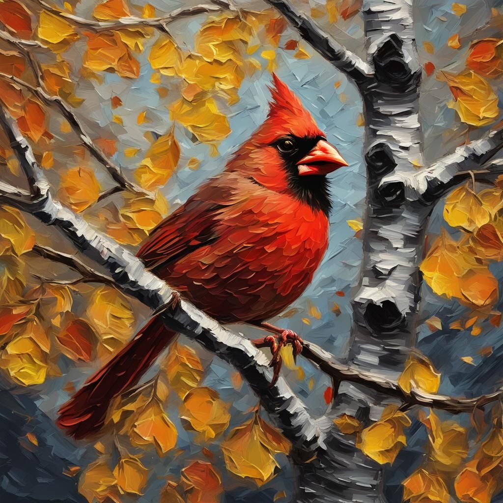 Cardinal in Aspen Tree Impasto Painting