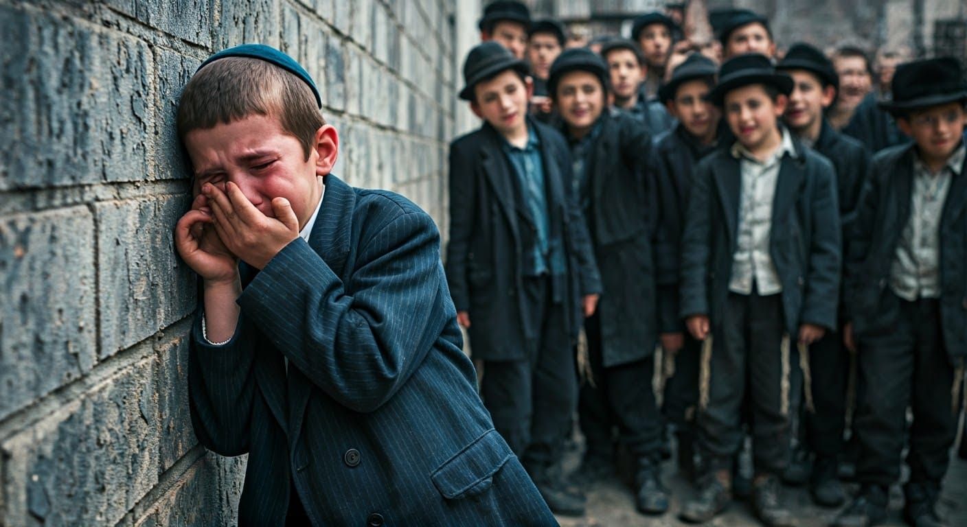 Distraught Boy Weeping Against Brick Wall