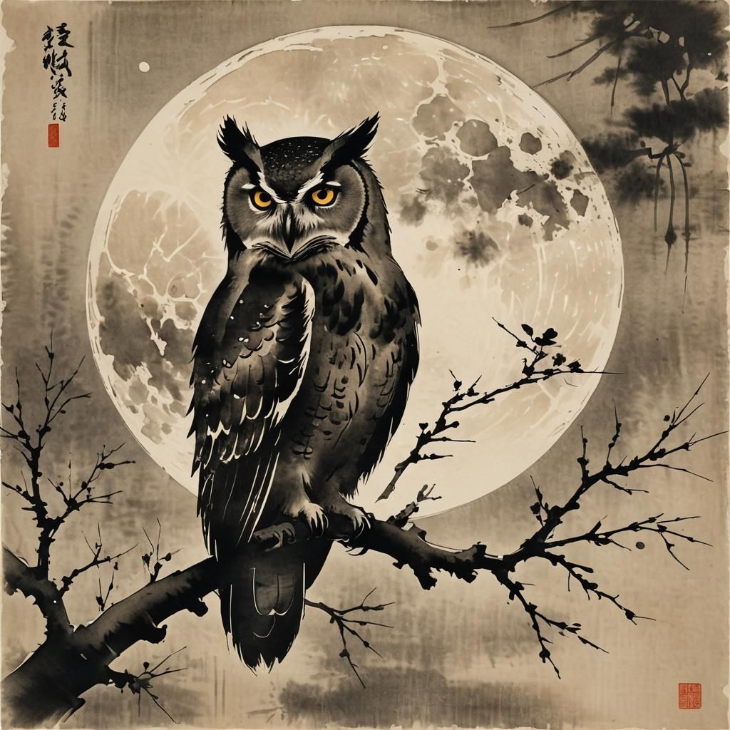 Japanese ink: Owl in the moonlight