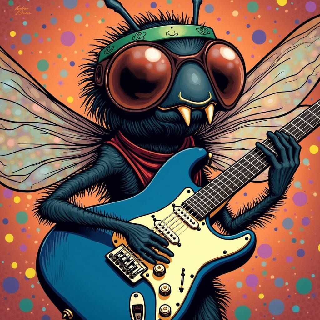 Groovy Black Fly Shreds on Psychedelic Stratocaster