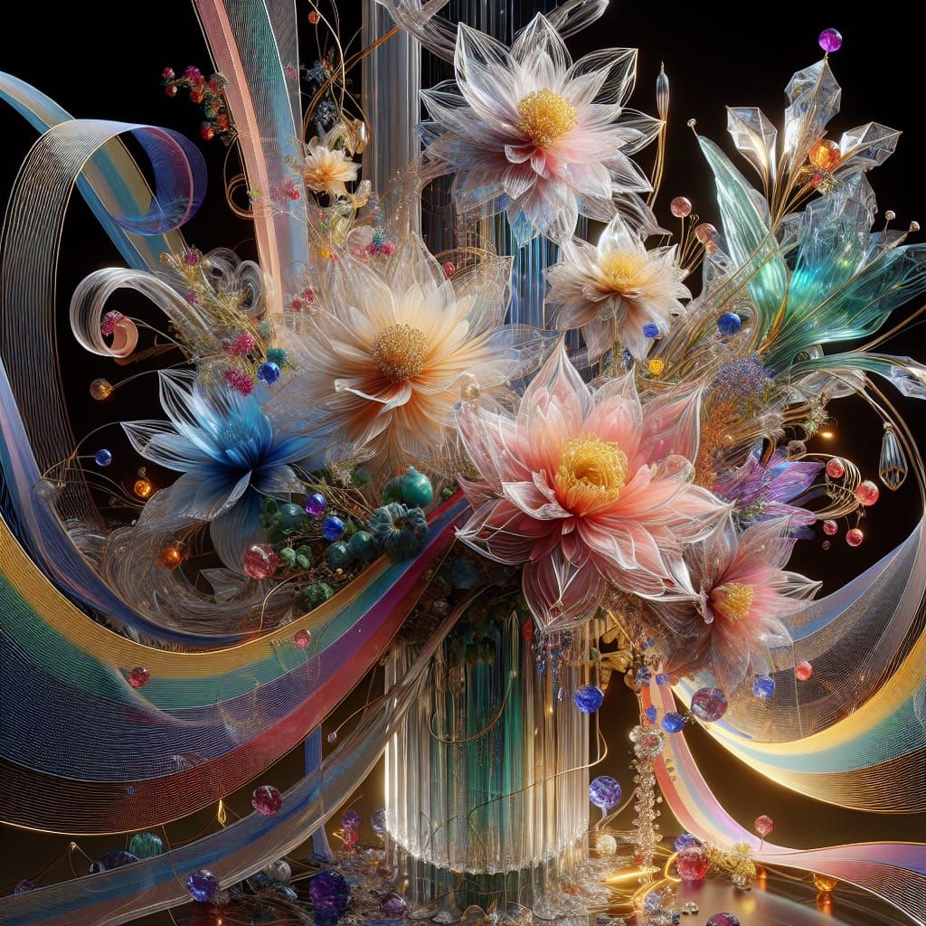 Art Deco Glass Floral Arrangement with Crystals