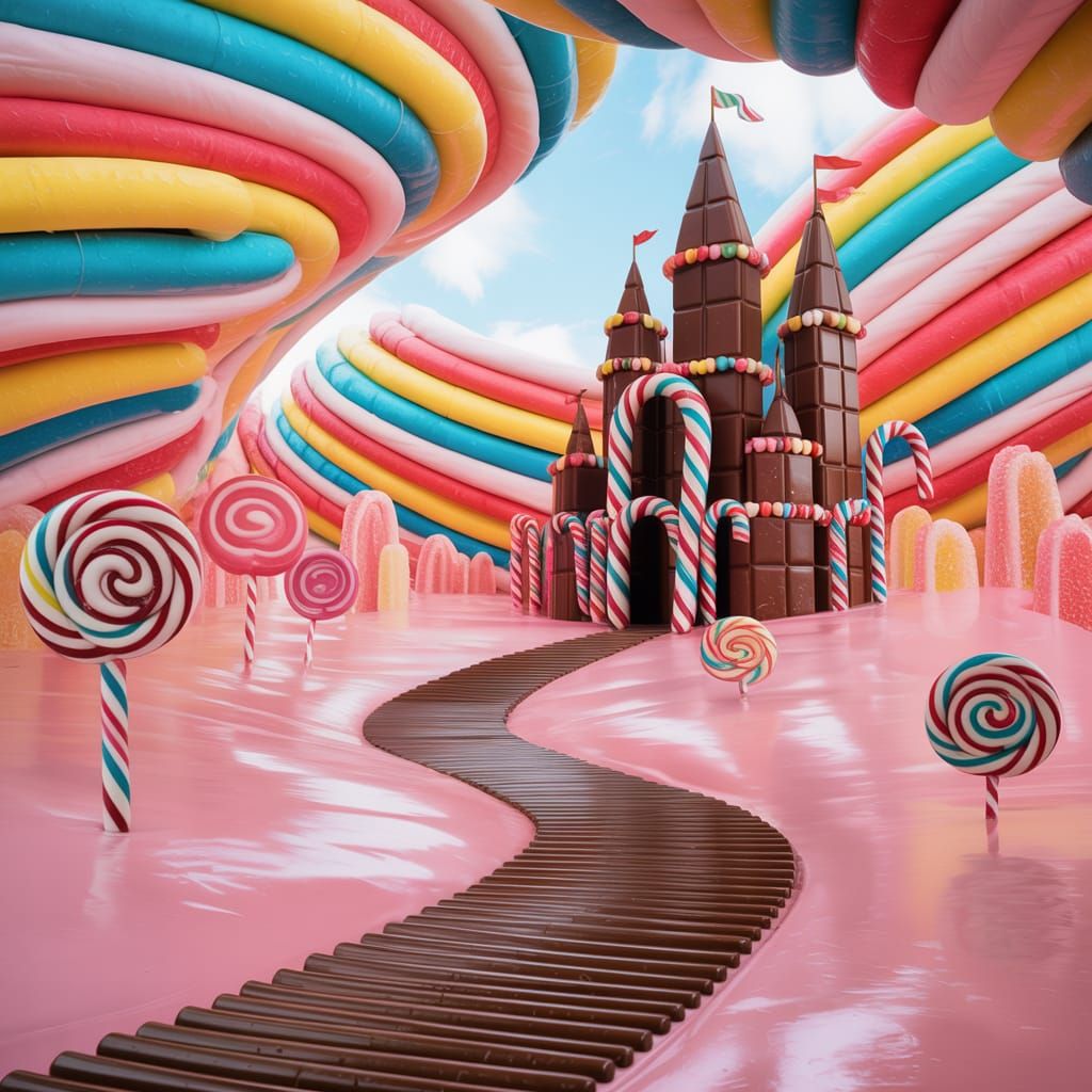 Whimsical Candy World with Chocolate Castle and Gumdrop Tree...