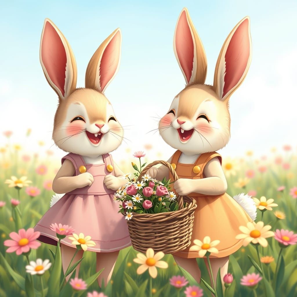 Cute Bunnies in Flower Field, Manga Illustration