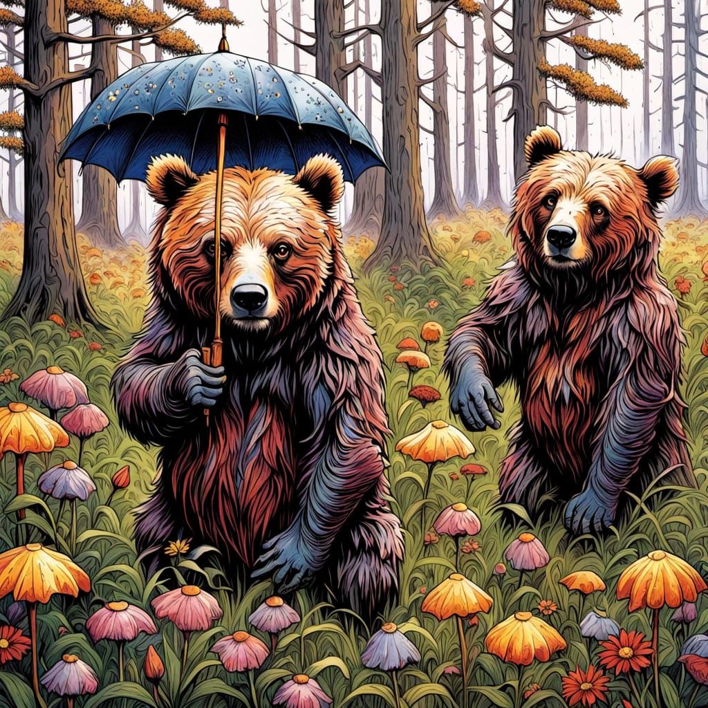 Bumblebee with Umbrella in Rainy Flower Field