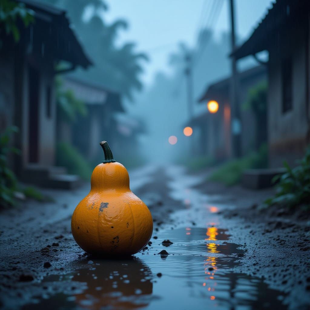 Lone Gourd on Muddy Path in Downpour