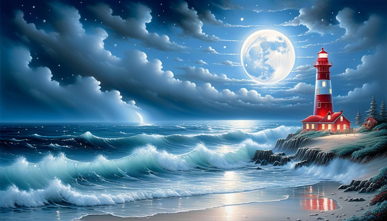 Full Moon Ocean Female on Beach facing Ocean Dress appears t...