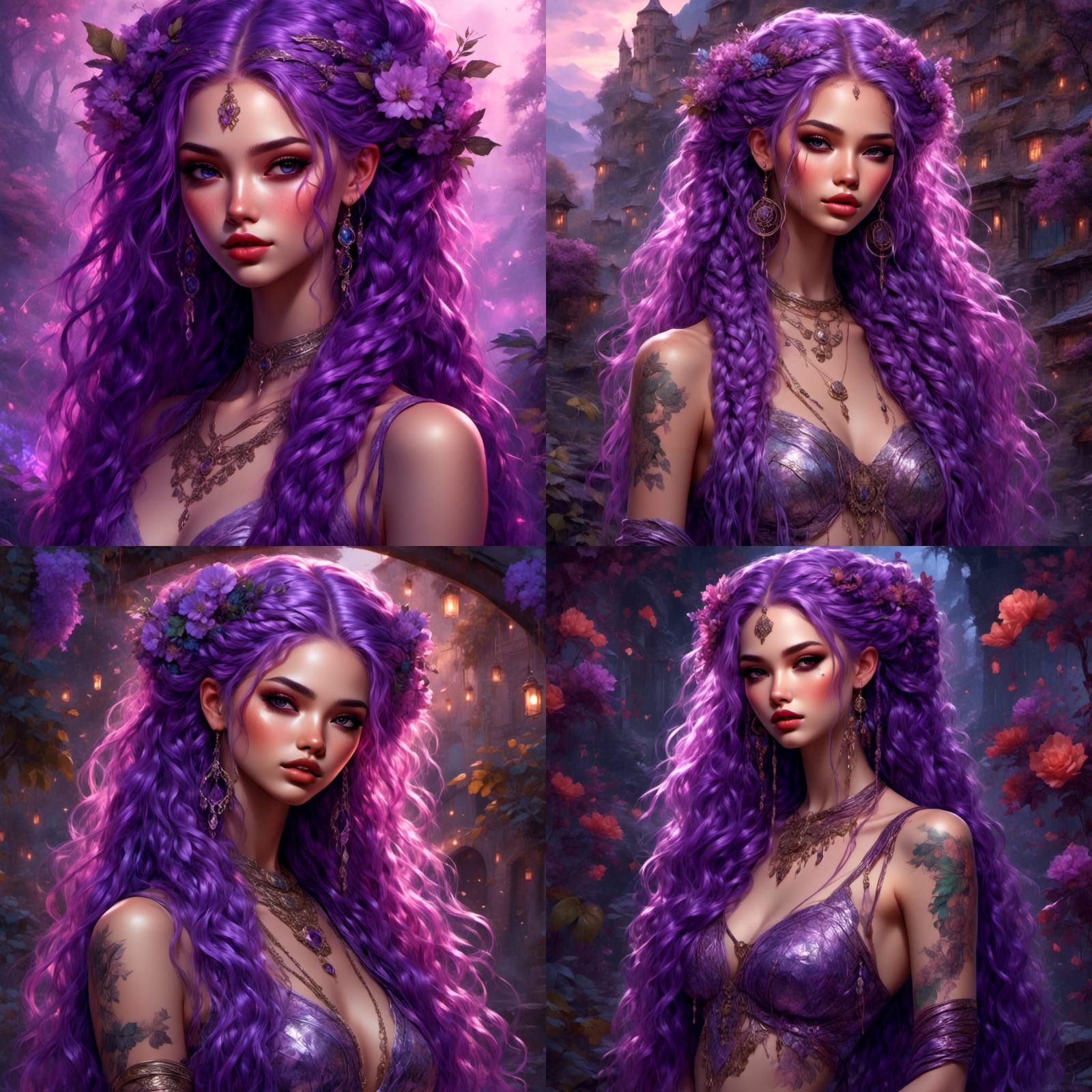 Boho Goddess with Purple Braids: Anime Realism