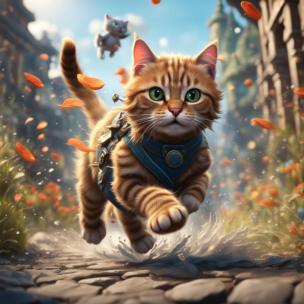 Cute Cat Running: Detailed Matte Painting