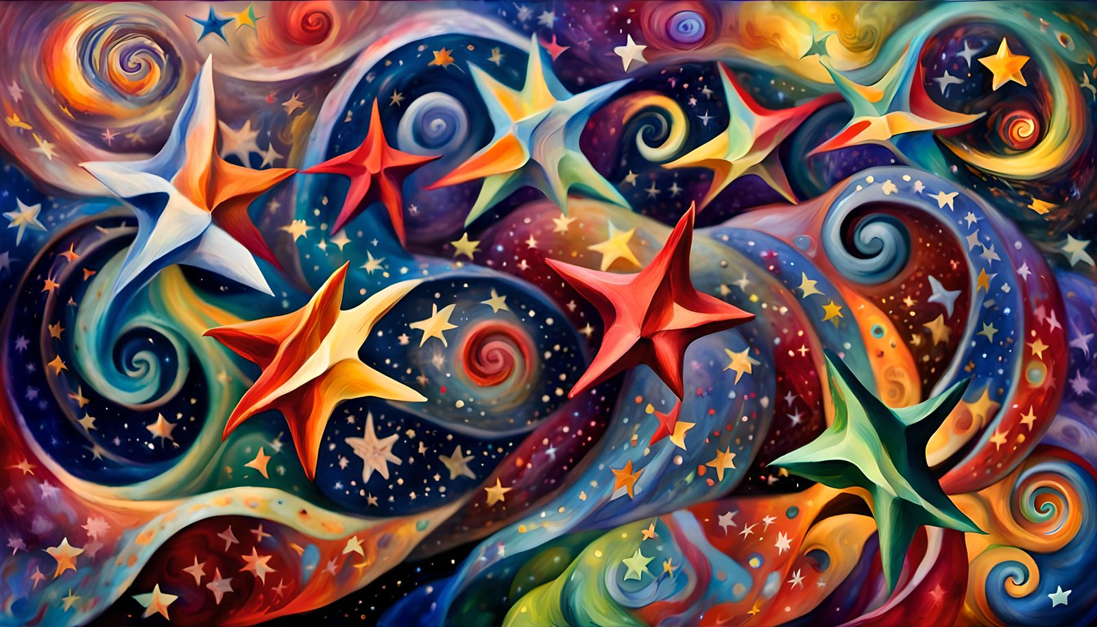 Cosmic Star Dance in Vivid Iridescent Impasto Style