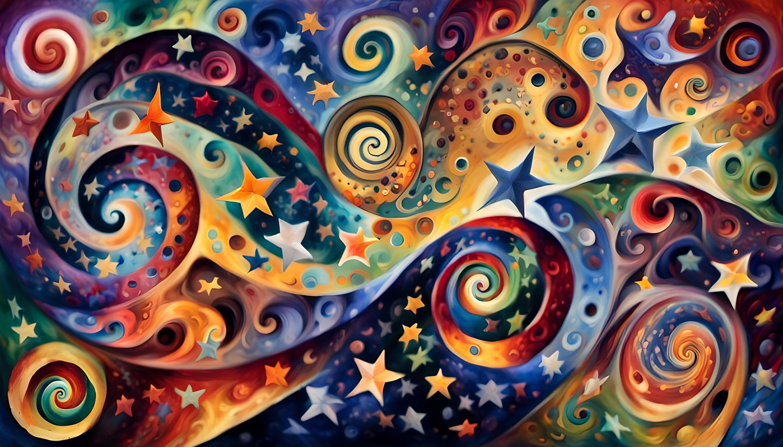 Cosmic Star Dance in Iridescent Impasto Oil Style