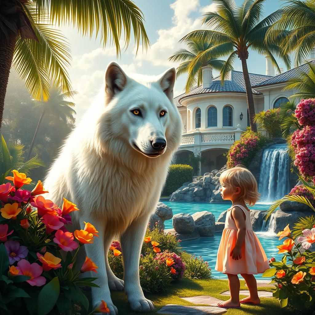 White Wolf in Tropical Garden with Waterfall