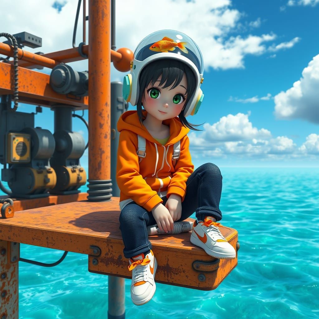 Girl in Vibrant Orange Jacket Sits on Rusted Metal Platform ...