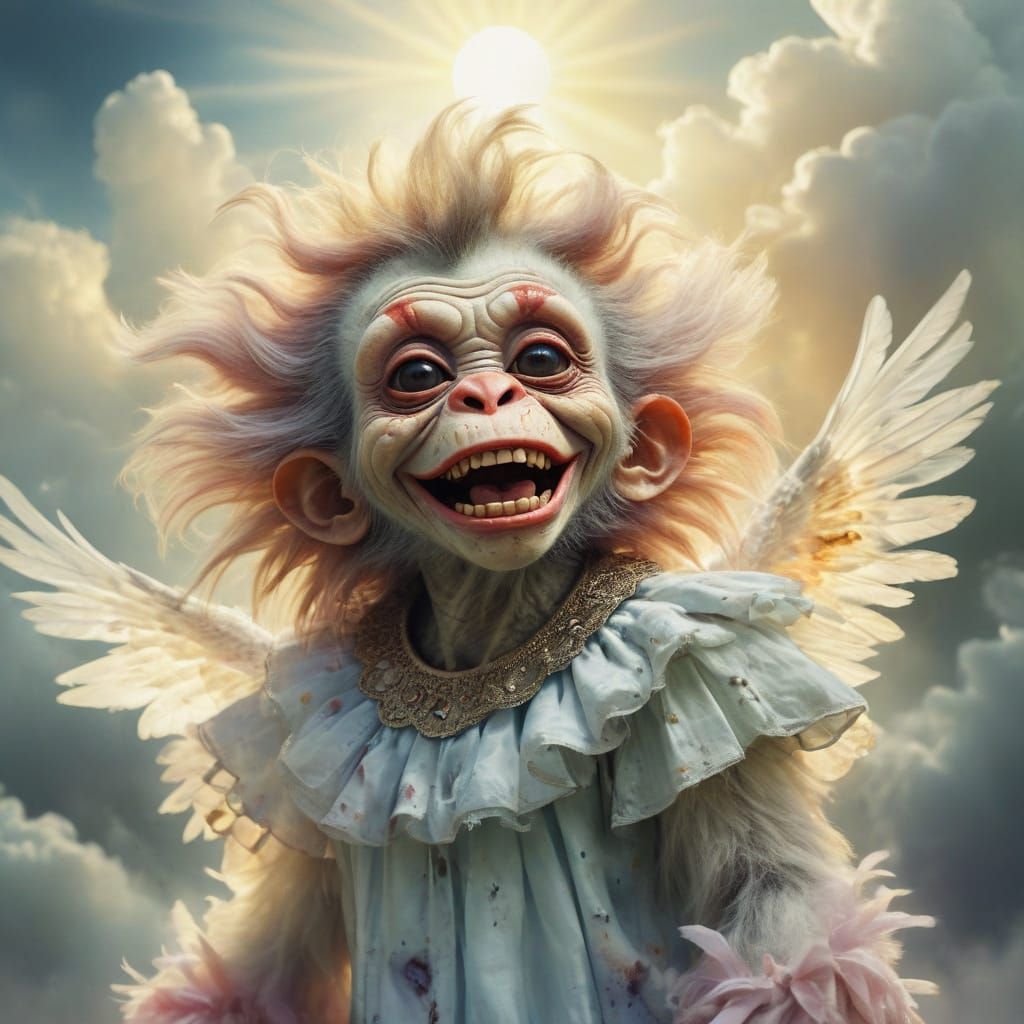 Surreal Watercolor Masterpiece: Grinning Angel Zombie Monkey