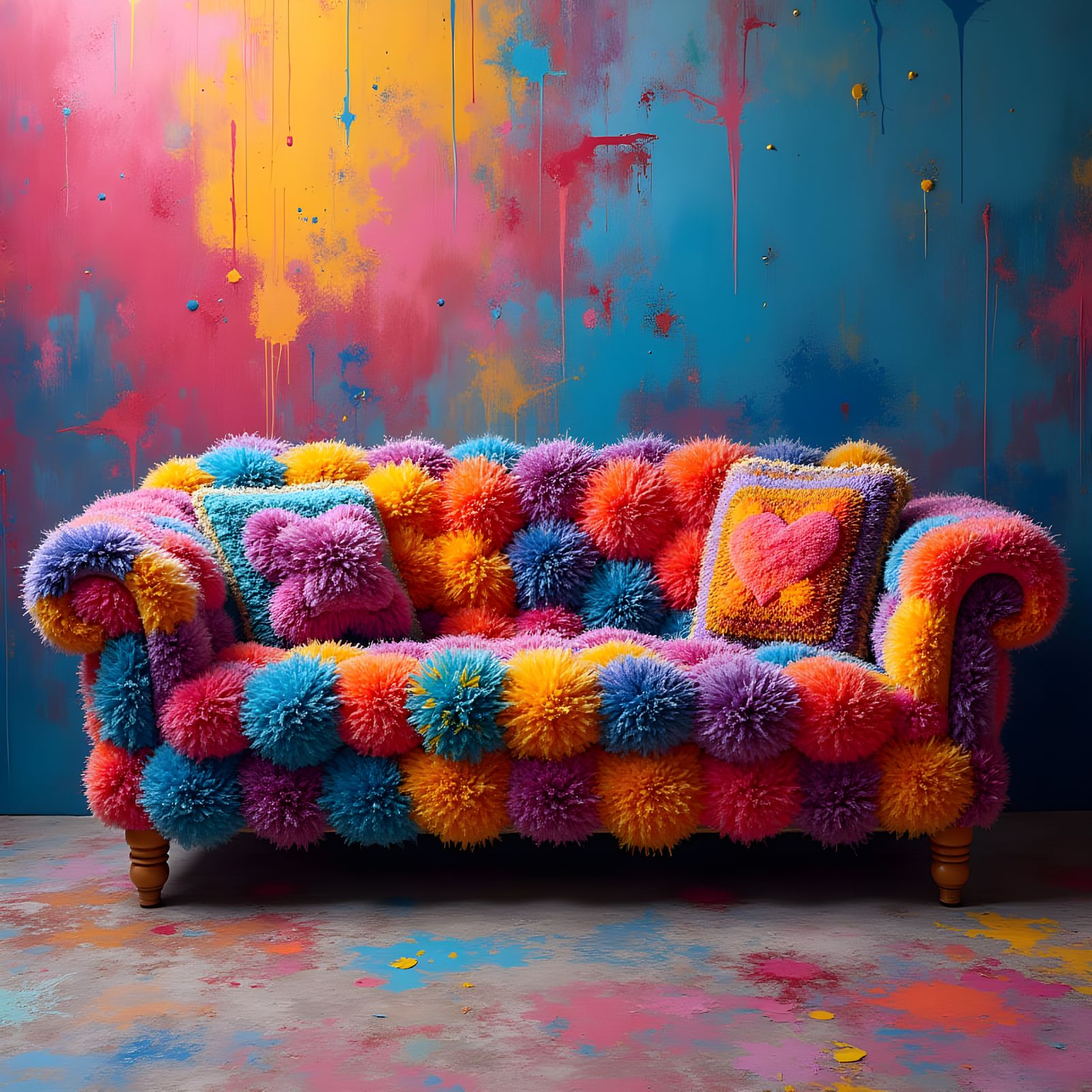 Colorful Pom Pom Sofa in Graffiti Art Style