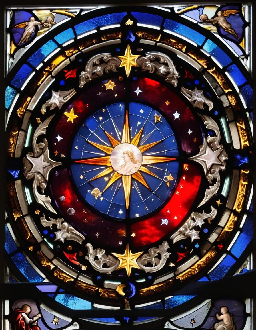 A stained glass window with a celestial theme